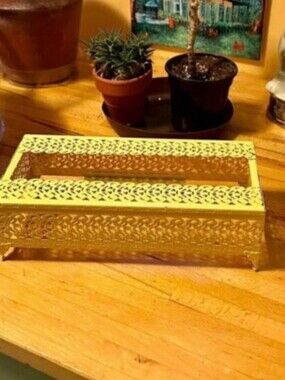 Genuine Vintage!  Old Hollywood Yellow Filigree Metal Tissue Box Cover